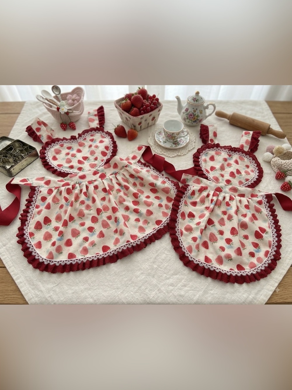 New Handmade Strawberry Print Girls' Apron Dress with Red Raffle Trim